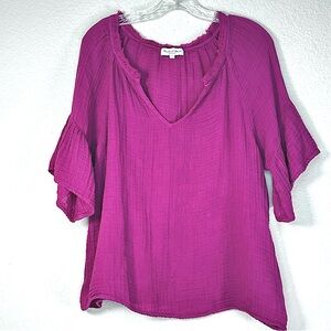 NWOT Michael Stars Double Gauze Savannah Top Bell Short Sleeve V Neck Magenta Sm